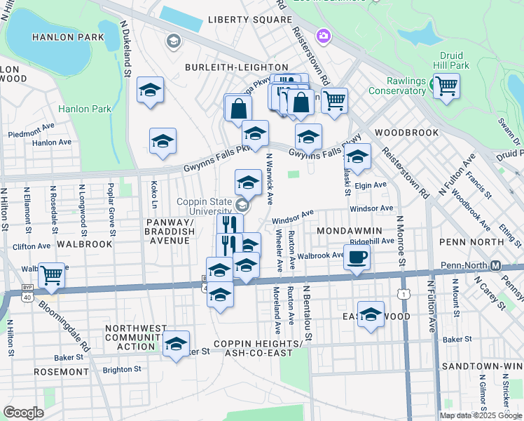 map of restaurants, bars, coffee shops, grocery stores, and more near 2510 North Warwick Avenue in Baltimore
