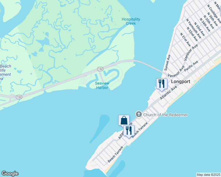 map of restaurants, bars, coffee shops, grocery stores, and more near 42 Seaview Drive in Longport