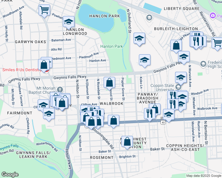 map of restaurants, bars, coffee shops, grocery stores, and more near N Longwood St & Poplar Terrace in Baltimore