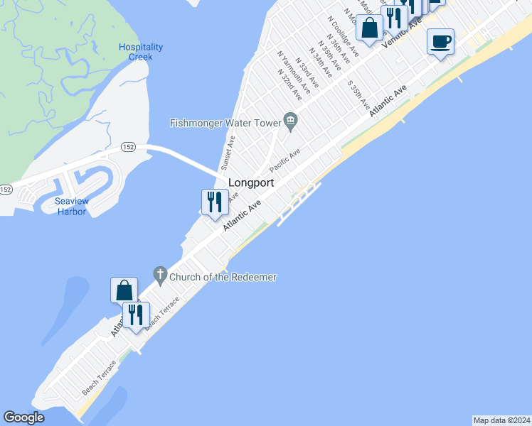 map of restaurants, bars, coffee shops, grocery stores, and more near 2700 Atlantic Avenue in Longport