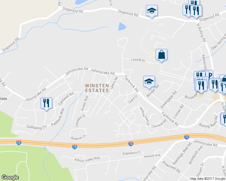 map of restaurants, bars, coffee shops, grocery stores, and more near 7544 Maury Road in Woodlawn