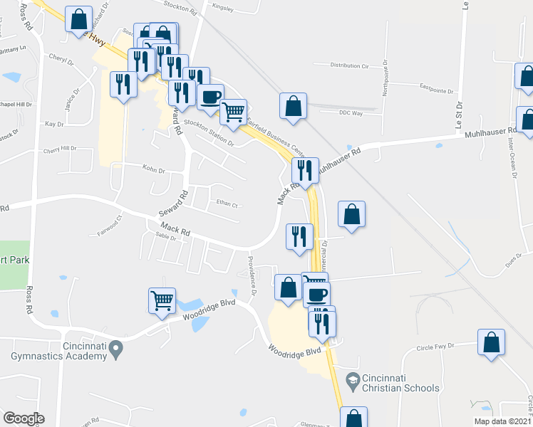 map of restaurants, bars, coffee shops, grocery stores, and more near 3942 Mack Road in Fairfield