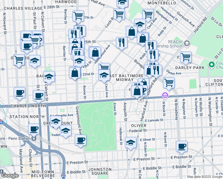 map of restaurants, bars, coffee shops, grocery stores, and more near 1022 East 20th Street in Baltimore
