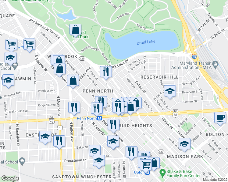 map of restaurants, bars, coffee shops, grocery stores, and more near 2481 Druid Hill Avenue in Baltimore
