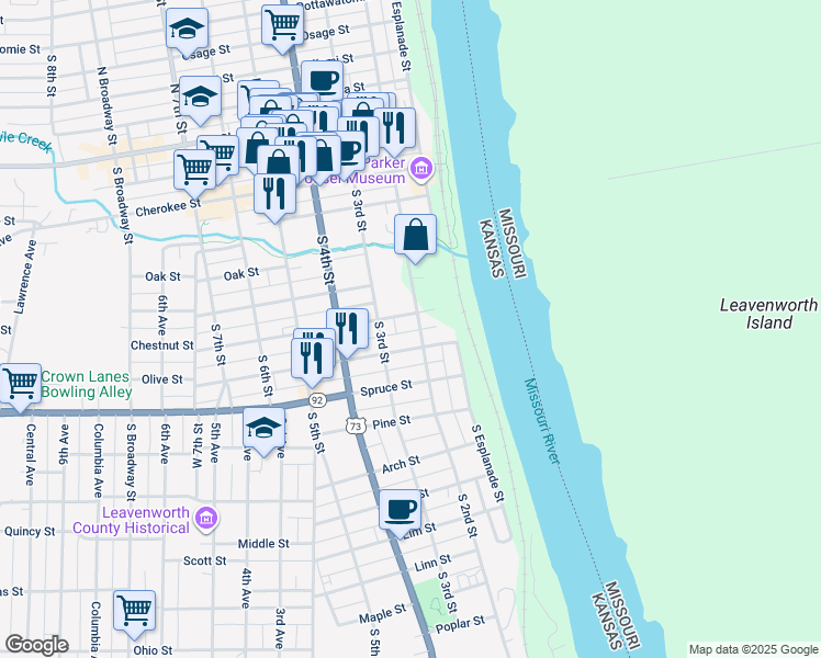 map of restaurants, bars, coffee shops, grocery stores, and more near 701 South 2nd Street in Leavenworth