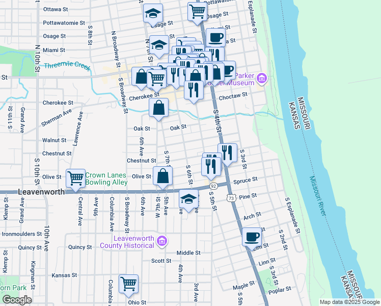 map of restaurants, bars, coffee shops, grocery stores, and more near 525 Walnut Street in Leavenworth
