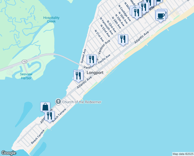 map of restaurants, bars, coffee shops, grocery stores, and more near 2700 Atlantic Avenue in Longport