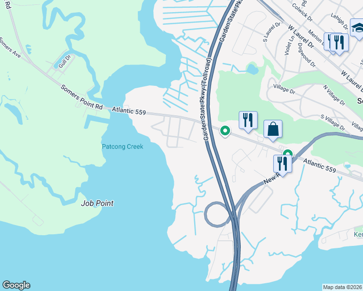 map of restaurants, bars, coffee shops, grocery stores, and more near 20 Cliveden Avenue in Somers Point