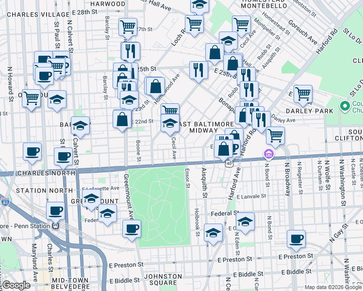 map of restaurants, bars, coffee shops, grocery stores, and more near 1020 East 20th Street in Baltimore