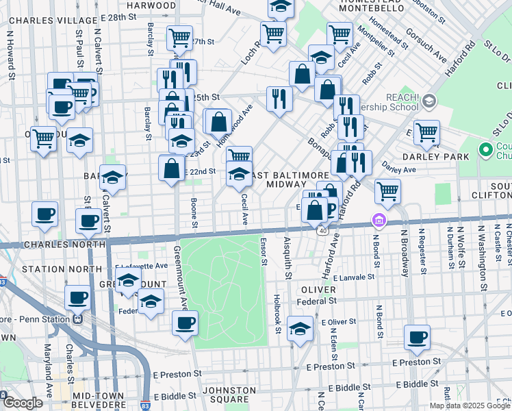 map of restaurants, bars, coffee shops, grocery stores, and more near 1022 East 20th Street in Baltimore
