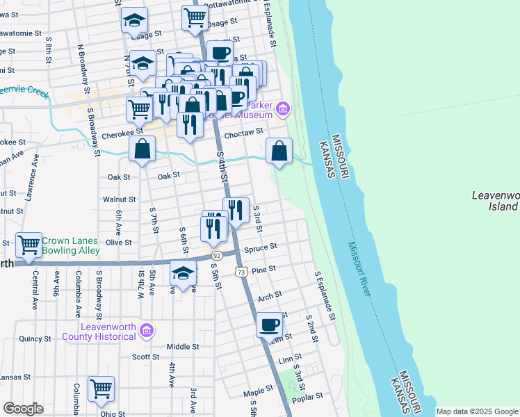 map of restaurants, bars, coffee shops, grocery stores, and more near 608 South 3rd Street in Leavenworth