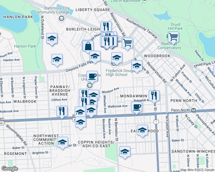 map of restaurants, bars, coffee shops, grocery stores, and more near 2400 Windsor Avenue in Baltimore