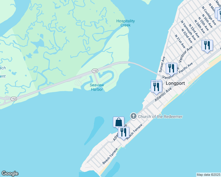 map of restaurants, bars, coffee shops, grocery stores, and more near 34 Seaview Drive in Longport