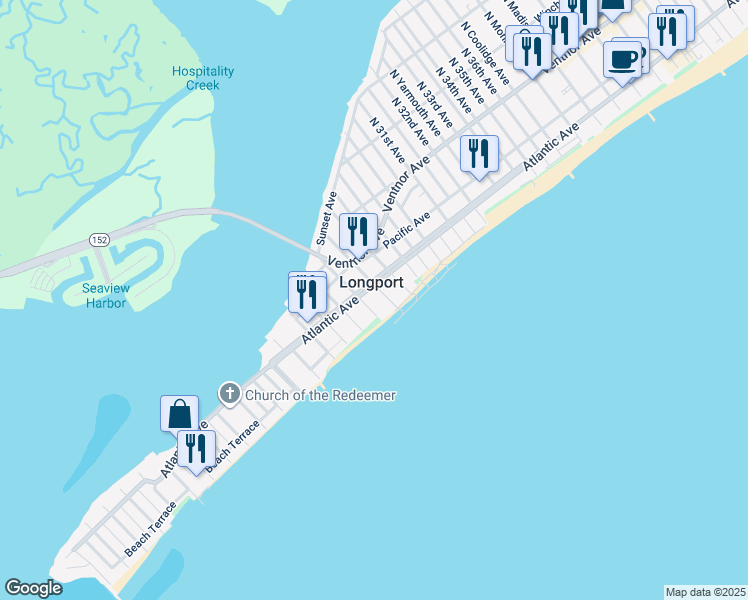 map of restaurants, bars, coffee shops, grocery stores, and more near 2700 Atlantic Avenue in Longport