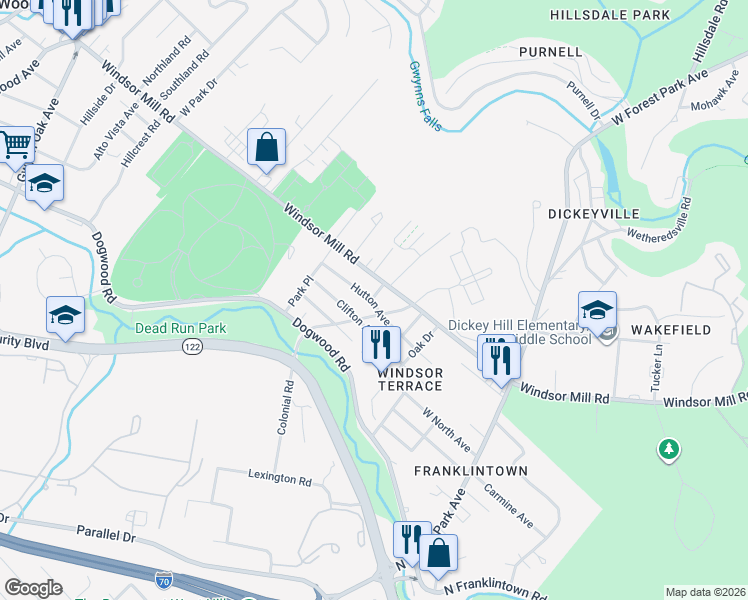 map of restaurants, bars, coffee shops, grocery stores, and more near 2003 Hutton Place in Woodlawn