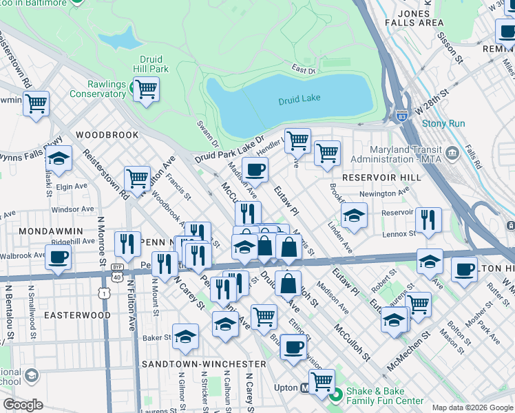 map of restaurants, bars, coffee shops, grocery stores, and more near 2422 Madison Avenue in Baltimore