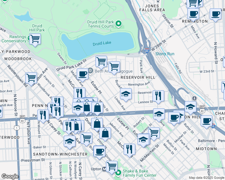 map of restaurants, bars, coffee shops, grocery stores, and more near 2225 Linden Avenue in Baltimore