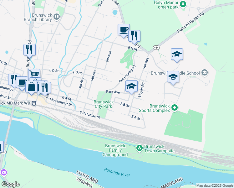 map of restaurants, bars, coffee shops, grocery stores, and more near 710 Park Avenue in Brunswick