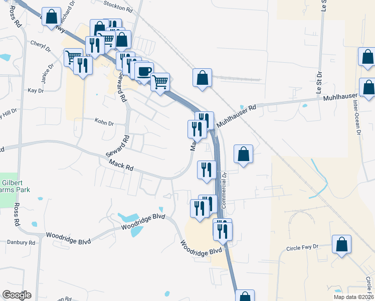 map of restaurants, bars, coffee shops, grocery stores, and more near 3942 Mack Road in Fairfield