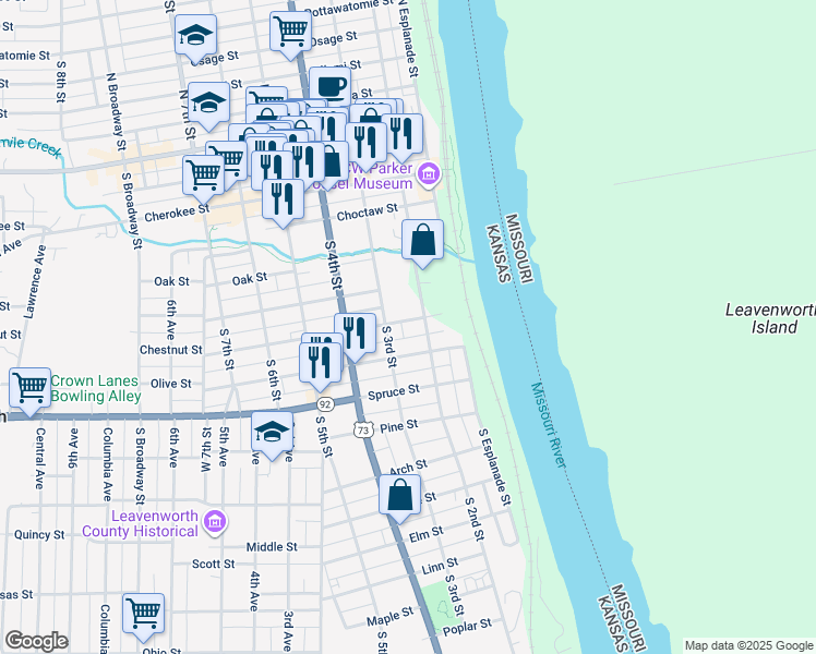 map of restaurants, bars, coffee shops, grocery stores, and more near 701 South 2nd Street in Leavenworth