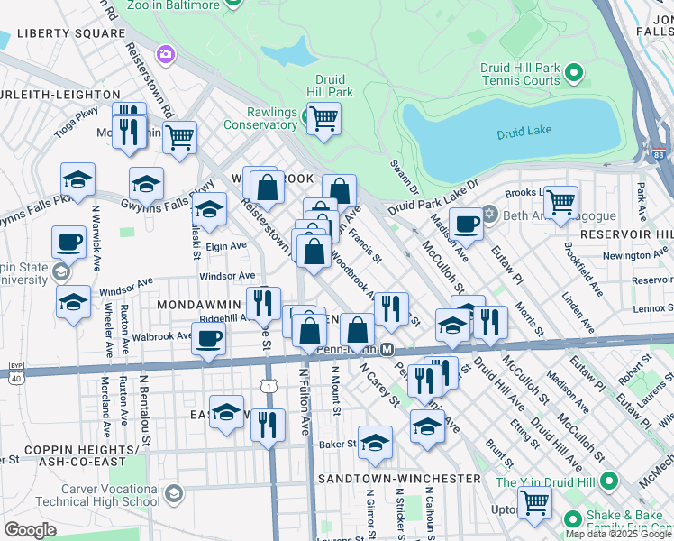 map of restaurants, bars, coffee shops, grocery stores, and more near 1564 Clifton Avenue in Baltimore