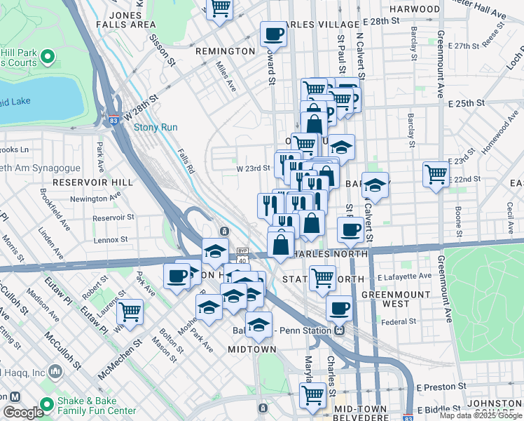 map of restaurants, bars, coffee shops, grocery stores, and more near 264 West 21st Street in Baltimore
