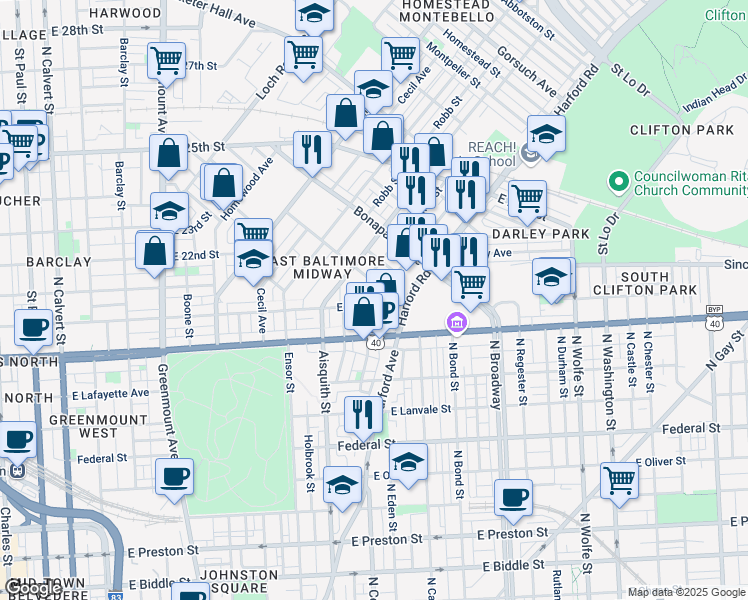 map of restaurants, bars, coffee shops, grocery stores, and more near 1230 East 20th Street in Baltimore