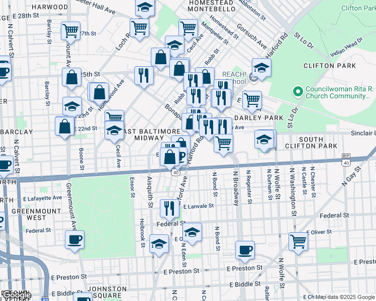 map of restaurants, bars, coffee shops, grocery stores, and more near 2002 Harford Rd in Baltimore