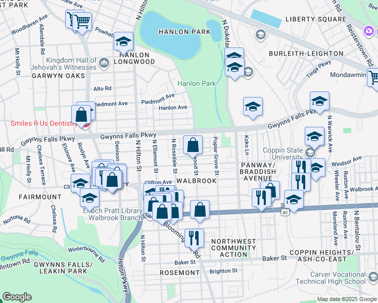 map of restaurants, bars, coffee shops, grocery stores, and more near 3001 Elgin Avenue in Baltimore