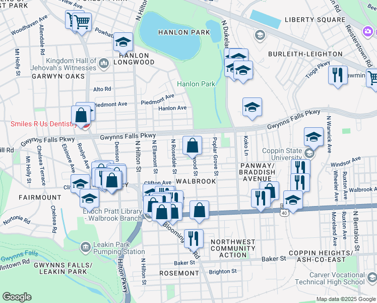 map of restaurants, bars, coffee shops, grocery stores, and more near 3001 Elgin Avenue in Baltimore