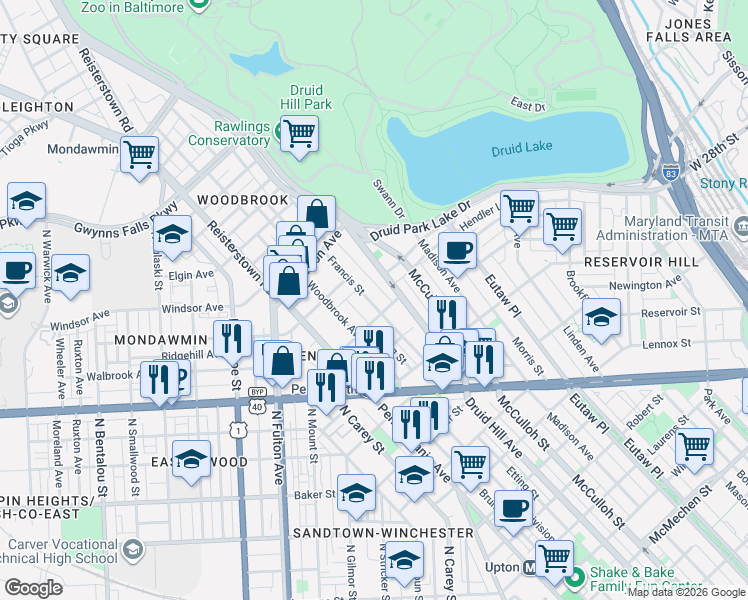 map of restaurants, bars, coffee shops, grocery stores, and more near 2517 Francis Street in Baltimore