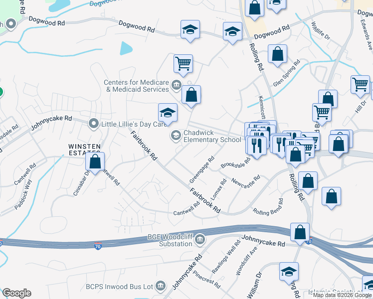 map of restaurants, bars, coffee shops, grocery stores, and more near 1921 Winder Road in Woodlawn