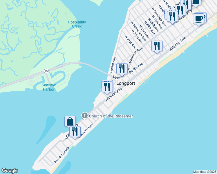 map of restaurants, bars, coffee shops, grocery stores, and more near 4 North 26th Avenue in Longport