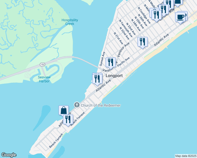 map of restaurants, bars, coffee shops, grocery stores, and more near 4 North 26th Avenue in Longport