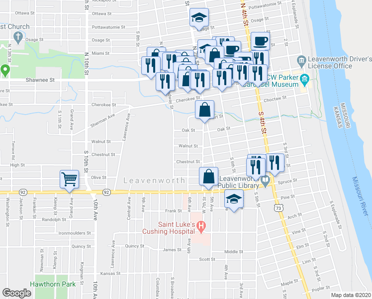 map of restaurants, bars, coffee shops, grocery stores, and more near 735 Walnut Street in Leavenworth