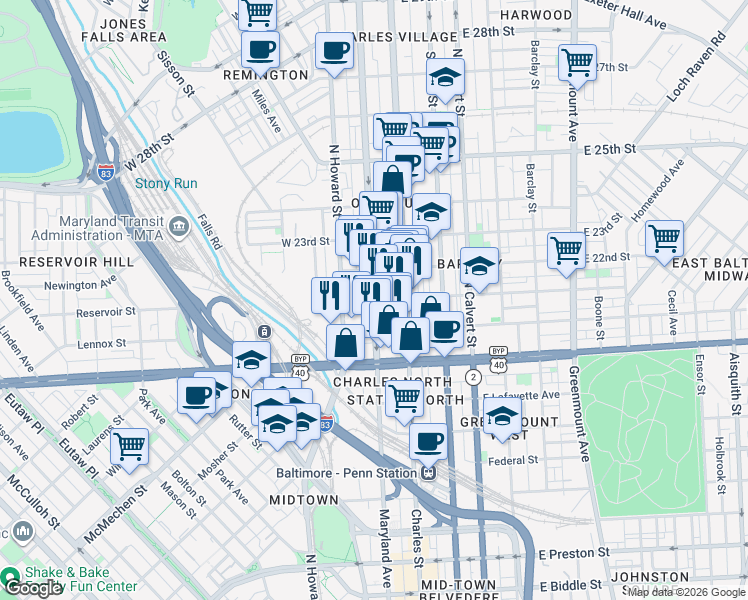 map of restaurants, bars, coffee shops, grocery stores, and more near Maryland Ave & W 21st St in Baltimore