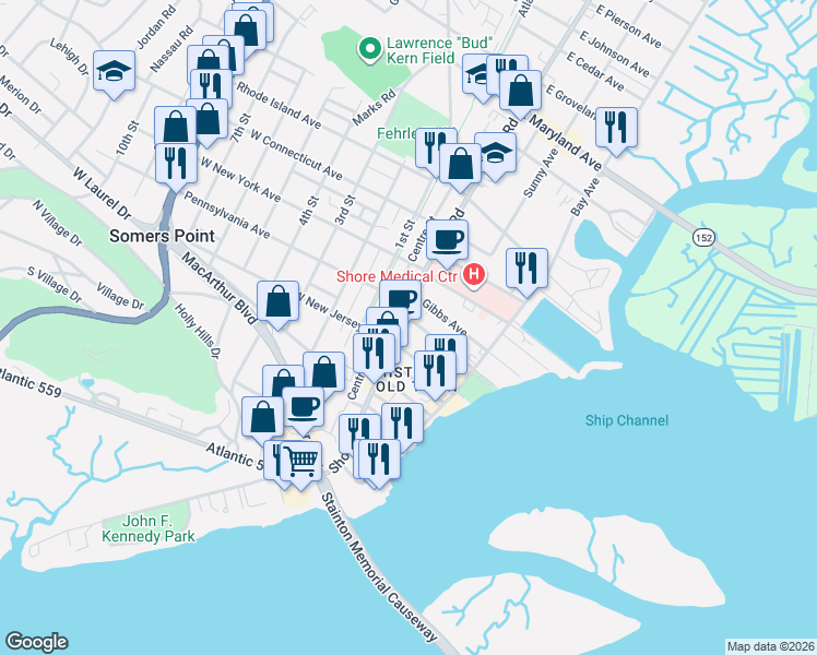 map of restaurants, bars, coffee shops, grocery stores, and more near 17 Higbee Avenue in Somers Point