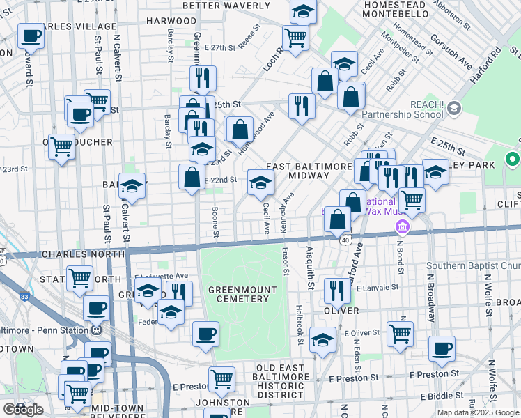 map of restaurants, bars, coffee shops, grocery stores, and more near 2000 Cecil Avenue in Baltimore