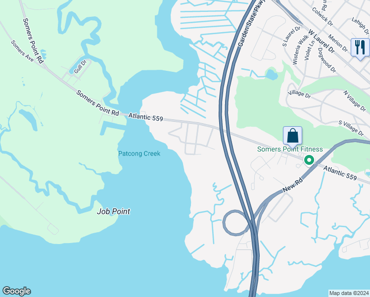 map of restaurants, bars, coffee shops, grocery stores, and more near 1 Dockside Drive in Somers Point