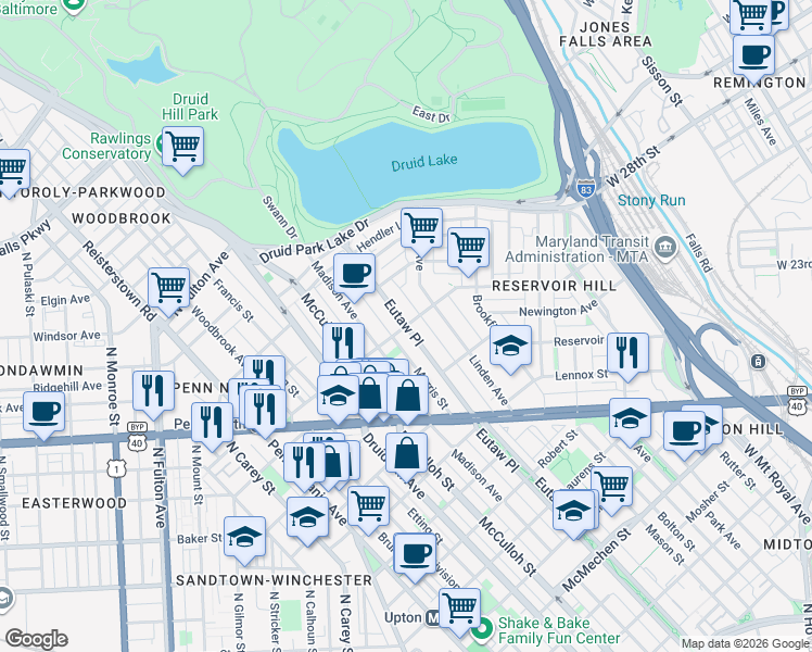 map of restaurants, bars, coffee shops, grocery stores, and more near Eutaw Place & Whitelock Street in Baltimore