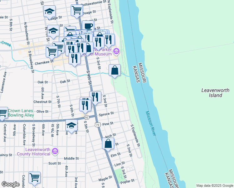 map of restaurants, bars, coffee shops, grocery stores, and more near 701 South 2nd Street in Leavenworth