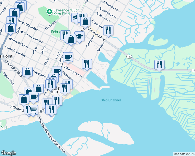 map of restaurants, bars, coffee shops, grocery stores, and more near 1608 Harbour Cove in Somers Point
