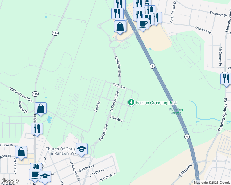 map of restaurants, bars, coffee shops, grocery stores, and more near 1331 North Fairfax Boulevard in Ranson