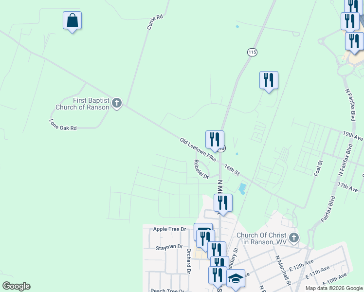 map of restaurants, bars, coffee shops, grocery stores, and more near 4364 Old Leetown Pike in Ranson