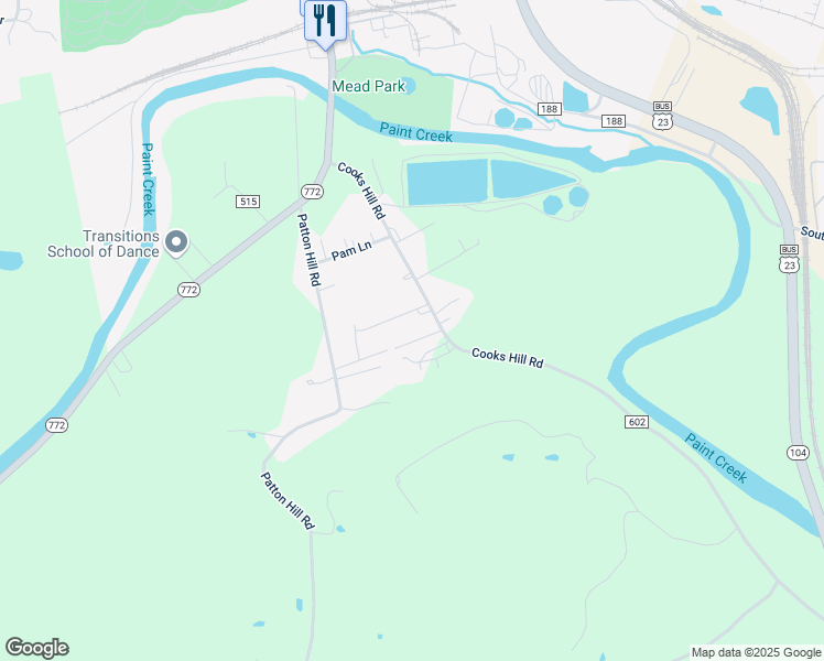 map of restaurants, bars, coffee shops, grocery stores, and more near 1121 Cooks Hill Road in Chillicothe