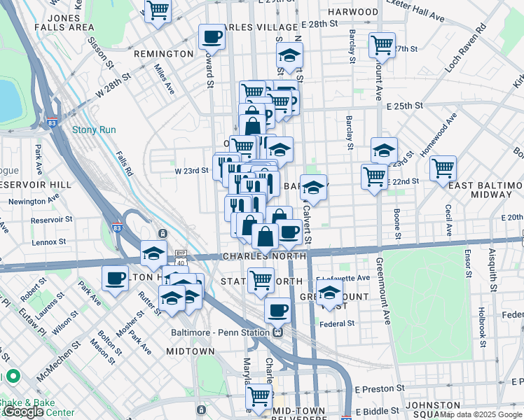 map of restaurants, bars, coffee shops, grocery stores, and more near N Charles St & E 21st St in Baltimore