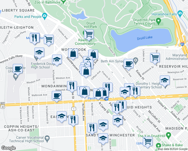 map of restaurants, bars, coffee shops, grocery stores, and more near 1550 Clifton Avenue in Baltimore