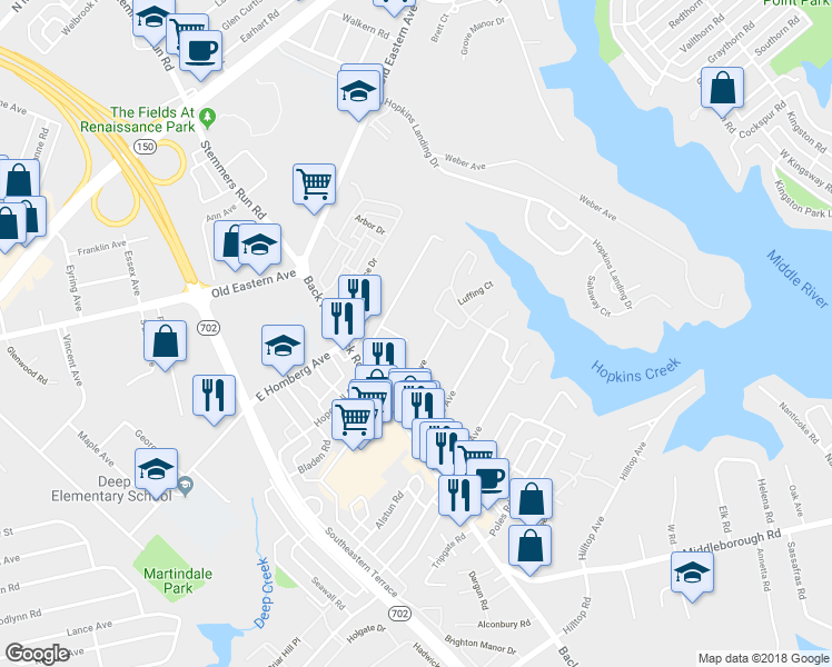 map of restaurants, bars, coffee shops, grocery stores, and more near 105 Oakhurst Avenue in Essex