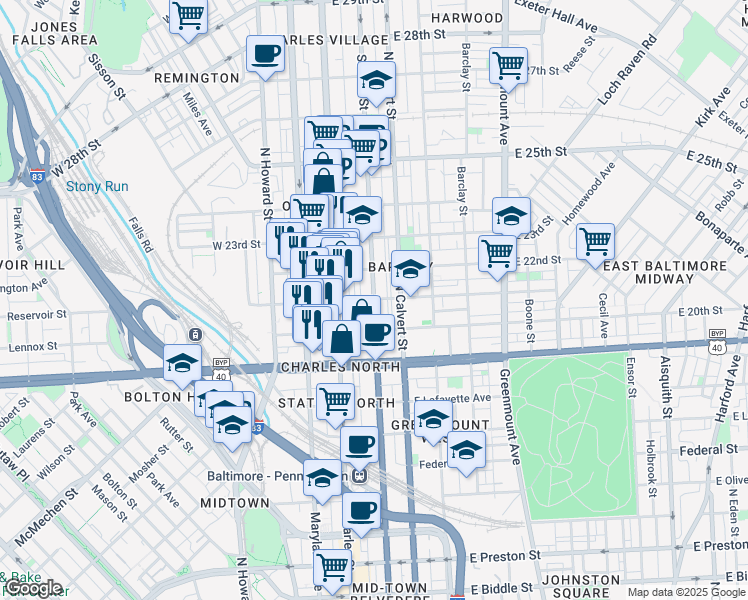 map of restaurants, bars, coffee shops, grocery stores, and more near St Paul St & E 21st St in Baltimore