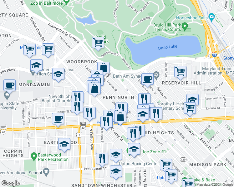 map of restaurants, bars, coffee shops, grocery stores, and more near 2532 Francis Street in Baltimore